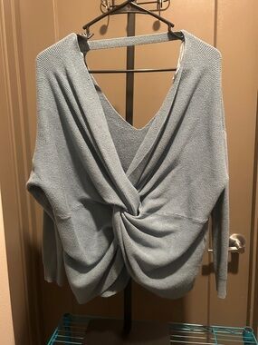 Twist-Front Off-the-Shoulder Knit Sweater in Light Blue